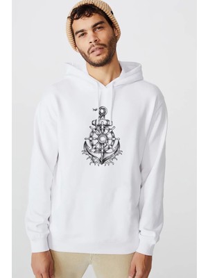 Qivi Çapa ve Dümen Illüstrasyon Gemi Çapa Baskılı Beyaz Erkek Örme Kapşonlu Sweatshirt Uzun Kol