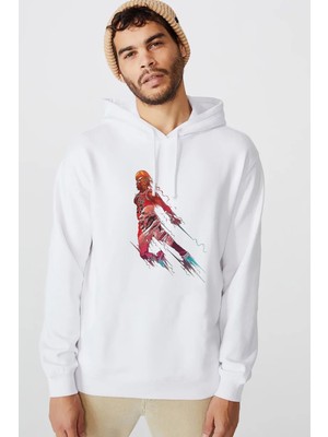Qivi Basketbol Oyuncusu Baskılı Beyaz Erkek Örme Kapşonlu Sweatshirt Uzun Kol
