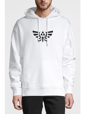 Qivi Triforce Nes Baskılı Beyaz Erkek Örme Kapşonlu Sweatshirt Uzun Kol