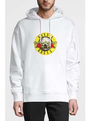 Qivi Guns'n Roses Baskılı Beyaz Erkek Örme Kapşonlu Sweatshirt Uzun Kol