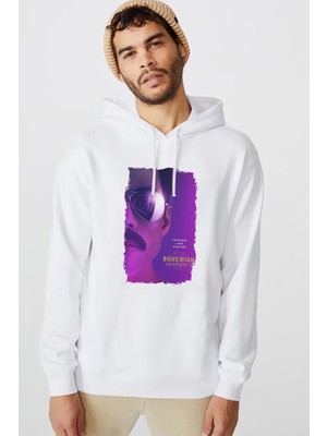 Qivi Queen Bohemıan Rhapsody Post Baskılı Beyaz Erkek Örme Kapşonlu Sweatshirt Uzun Kol