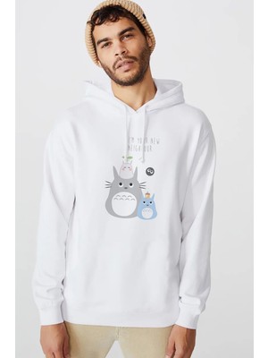 Qivi My Neighbor Komşum Totoro Baskılı Beyaz Erkek Örme Kapşonlu Sweatshirt Uzun Kol