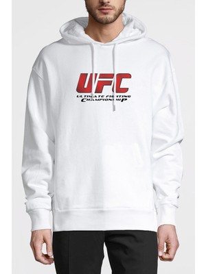Qivi Ufc Ultimate Fighting Championship Logo Baskılı Beyaz Erkek Örme Kapşonlu Sweatshirt Uzun Kol
