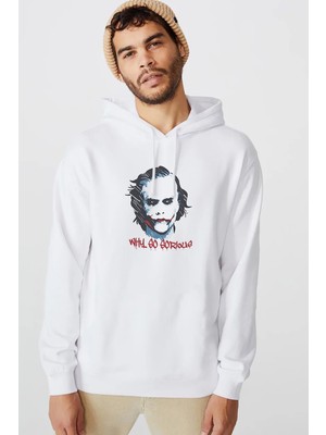Qivi Joker Why So Serious Baskılı Beyaz Erkek Örme Kapşonlu Sweatshirt Uzun Kol