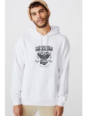 Qivi American Motor Estd 1964 Baskılı Beyaz Erkek Örme Kapşonlu Sweatshirt Uzun Kol