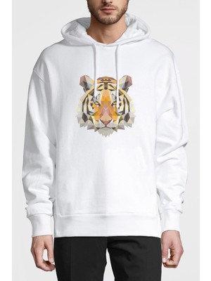 Qivi Polygonal Head Tiger Kaplan Baskılı Beyaz Erkek Örme Kapşonlu Sweatshirt Uzun Kol