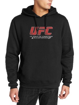 Qivi Ufc Ultimate Fighting Championship Logo Baskılı Siyah Erkek Örme Kapşonlu Sweatshirt Uzun Kol
