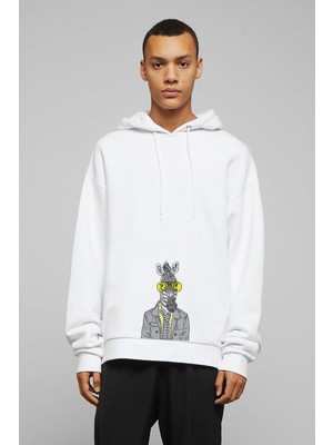 Qivi Zebra Potikare Zebra Ceket ve Güneş Baskılı Beyaz Erkek Örme Kapşonlu Sweatshirt Uzun Kol
