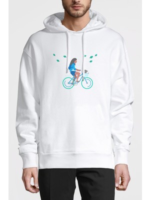 Qivi Addict Bisikletli Kız Sulu Boya Çalışması Baskılı Beyaz Erkek Örme Kapşonlu Sweatshirt Uzun Kol
