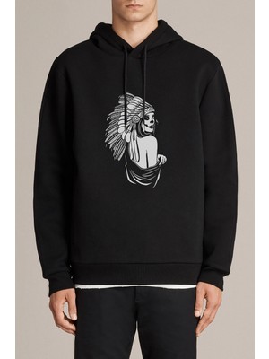 Qivi Skull Kızılderili Baskılı Siyah Erkek Örme Kapşonlu Sweatshirt Uzun Kol