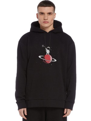 Qivi Astronaut Stay On Saturn Baskılı Siyah Erkek Örme Kapşonlu Sweatshirt Uzun Kol