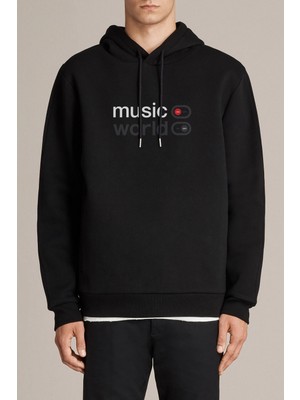 Qivi Music On World Off Baskılı Siyah Erkek Örme Kapşonlu Sweatshirt Uzun Kol