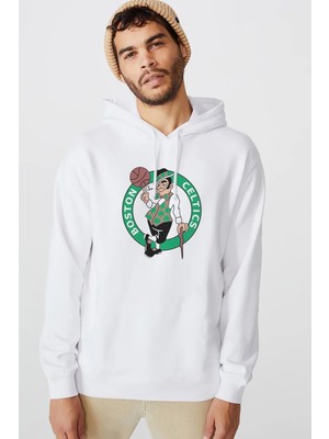 Qivi Boston Basketbol Spor Baskılı Beyaz Erkek Örme Kapşonlu Sweatshirt Uzun Kol