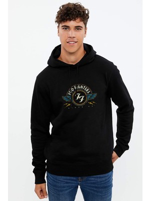 Qivi Foo Fighters Logo Baskılı Siyah Erkek Örme Kapşonlu Sweatshirt Uzun Kol