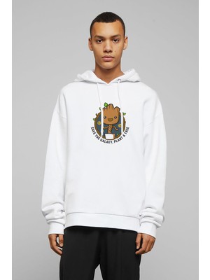 Qivi Groot Pattern Galaxy Plant Baskılı Beyaz Erkek Örme Kapşonlu Sweatshirt Uzun Kol