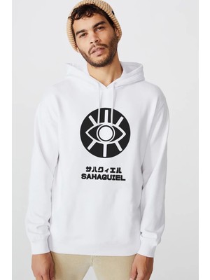 Qivi Evangelion Sahaquıel Baskılı Beyaz Erkek Örme Kapşonlu Sweatshirt Uzun Kol