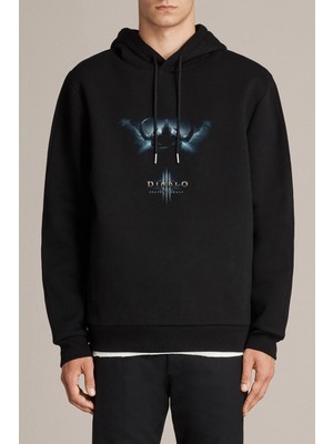 Qivi Diablo Baskılı Siyah Erkek Örme Kapşonlu Sweatshirt Uzun Kol