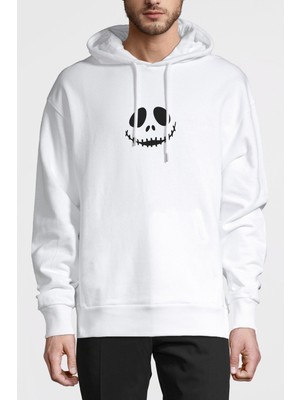Qivi Halloween Face Baskılı Beyaz Erkek Örme Kapşonlu Sweatshirt Uzun Kol