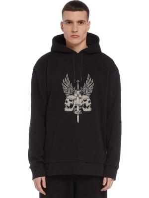 Qivi Kafatası ve Kanatlar ile Gri Kılıç Baskılı Siyah Erkek Örme Kapşonlu Sweatshirt Uzun Kol