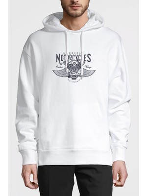 Qivi American Costum Vintage Baskılı Beyaz Erkek Örme Kapşonlu Sweatshirt Uzun Kol