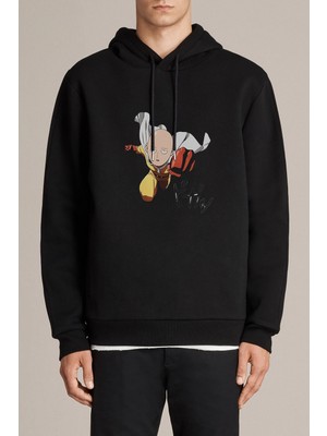 Qivi Anime One Punch Man Baskılı Siyah Erkek Örme Kapşonlu Sweatshirt Uzun Kol