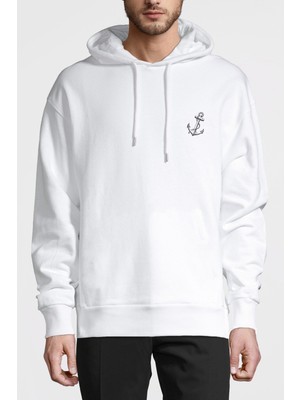 Qivi Gri Çapa Tişört Çapa Dövme Baskıresim Baskılı Beyaz Erkek Örme Kapşonlu Sweatshirt Uzun Kol