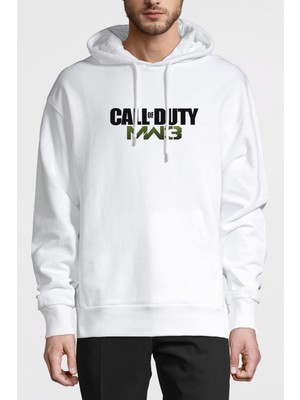 Qivi Call Of Dutf Mw3 Baskılı Beyaz Erkek Örme Kapşonlu Sweatshirt Uzun Kol