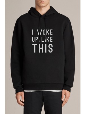 Qivi Woke Up Like Baskılı Siyah Erkek Örme Kapşonlu Sweatshirt Uzun Kol