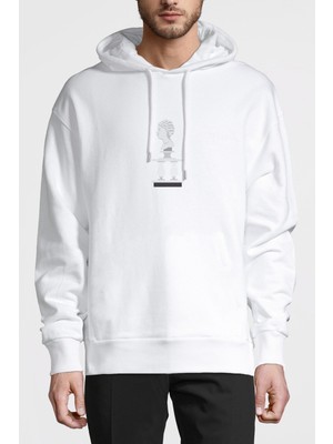 Qivi Antik Heykel Büst Yan Baskılı Beyaz Erkek Örme Kapşonlu Sweatshirt Uzun Kol