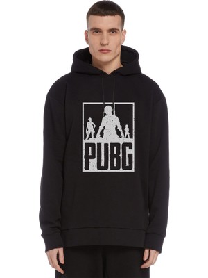 Qivi Pubg 3 Adam Team Baskılı Siyah Erkek Örme Kapşonlu Sweatshirt Uzun Kol