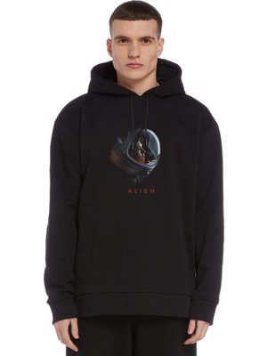 Qivi Alien Baskılı Siyah Erkek Örme Kapşonlu Sweatshirt Uzun Kol
