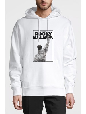 Qivi Rocky Balboa Baskılı Beyaz Erkek Örme Kapşonlu Sweatshirt Uzun Kol