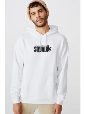 Qivi Black Squad Baskılı Beyaz Erkek Örme Kapşonlu Sweatshirt Uzun Kol
