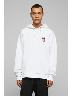 Qivi Baykuş Pembe Baskılı Beyaz Erkek Örme Kapşonlu Sweatshirt Uzun Kol