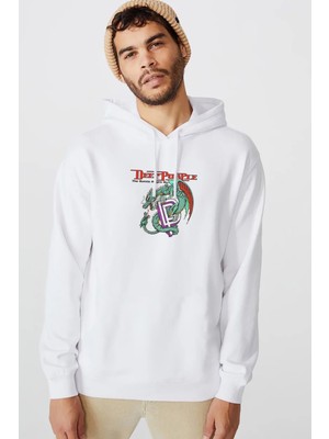 Qivi Deep Purple The Battle Rages On Baskılı Beyaz Erkek Örme Kapşonlu Sweatshirt Uzun Kol