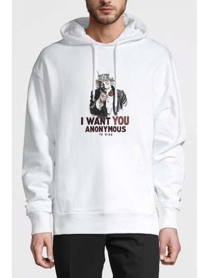 Qivi V For Vendetta I Want You Baskılı Beyaz Erkek Örme Kapşonlu Sweatshirt Uzun Kol