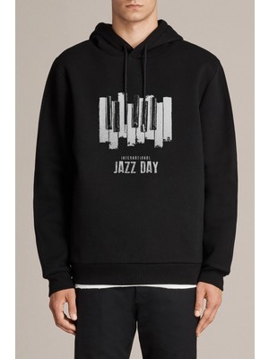 Qivi International Jazz Day Piano Button Baskılı Siyah Erkek Örme Kapşonlu Sweatshirt Uzun Kol