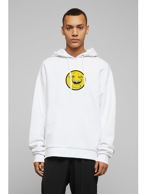 Qivi Smile Trollface Internet Troll Gülümseme Yüz Baskılı Beyaz Erkek Örme Kapşonlu Sweatshirt Uzun Kol