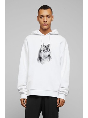 Qivi Wolf Kurt Sibirya Köpek Karakalem Çizim Baskılı Beyaz Erkek Örme Kapşonlu Sweatshirt Uzun Kol