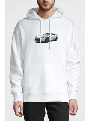 Qivi Nissan Gt R Ön Baskılı Beyaz Erkek Örme Kapşonlu Sweatshirt Uzun Kol