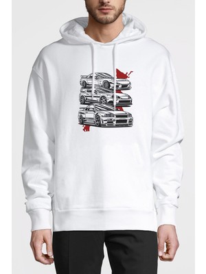 Qivi Nissan Skyline R34 Gtr Toyota Supra Baskılı Beyaz Erkek Örme Kapşonlu Sweatshirt Uzun Kol
