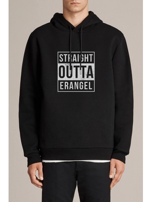 Qivi Pubg Straight Outta Erangel Baskılı Siyah Erkek Örme Kapşonlu Sweatshirt Uzun Kol
