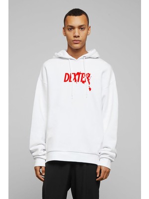 Qivi Dexter Red Logo Baskılı Beyaz Erkek Örme Kapşonlu Sweatshirt Uzun Kol
