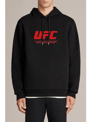 Qivi Ufc Logo Baskılı Siyah Erkek Örme Kapşonlu Sweatshirt Uzun Kol