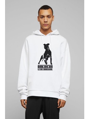 Qivi Dog American Staff Baskılı Beyaz Erkek Örme Kapşonlu Sweatshirt Uzun Kol