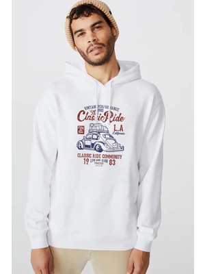 Qivi Wv The Classic Ride Baskılı Beyaz Erkek Örme Kapşonlu Sweatshirt Uzun Kol