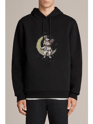 Qivi Cat Night Ayda Oturan Sevimli Kedi Baskılı Siyah Erkek Örme Kapşonlu Sweatshirt Uzun Kol