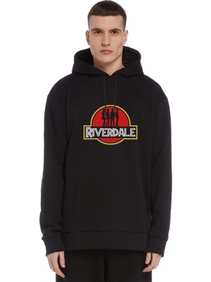 Qivi Riverdale Jurassic Park Logo Baskılı Siyah Erkek Örme Kapşonlu Sweatshirt Uzun Kol