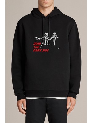 Qivi Join The Dark Side Baskılı Siyah Erkek Örme Kapşonlu Sweatshirt Uzun Kol