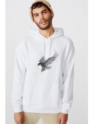 Qivi Kel Kartal Kuşu Kanatları Parçacıklar Baskılı Beyaz Erkek Örme Kapşonlu Sweatshirt Uzun Kol